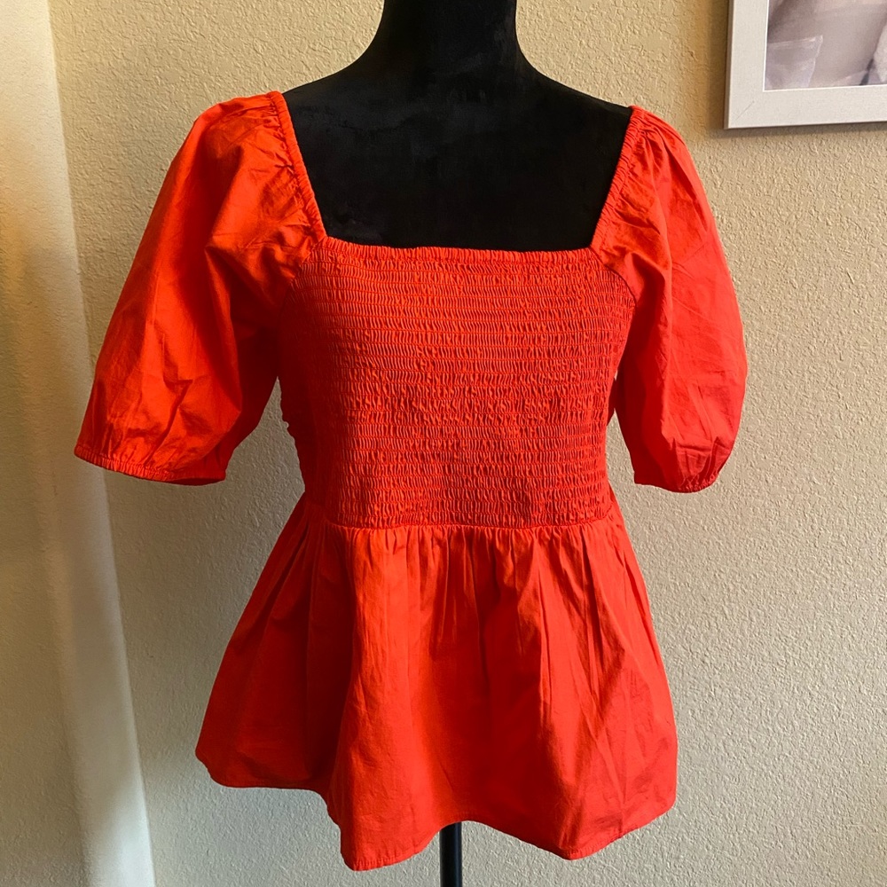 LOFT Red Smocked Peplum sz Petite L